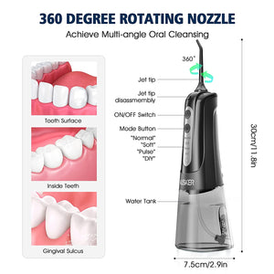 Cordless Water Dental Flosser - Portable Oral Irrigator with 4 Modes, 4 Jet Tips, IPX7 Waterproof, Rechargeable for 30 Days, Ideal for Home, Travel, Braces, and Bridges Care (Black)