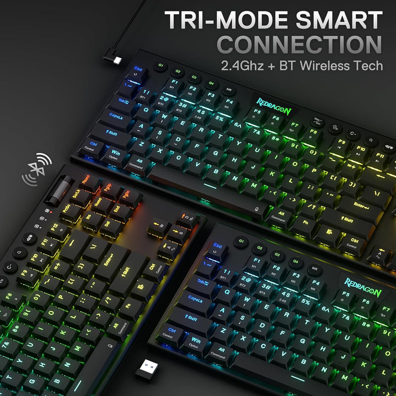 K621 Horus TKL Wireless RGB Mechanical Keyboard, 5.0 BT/2.4 Ghz/Wired Three Modes 80% Ultra-Thin Low Profile BT Keyboard W/Dedicated Media Control & Linear Red Switches, Black