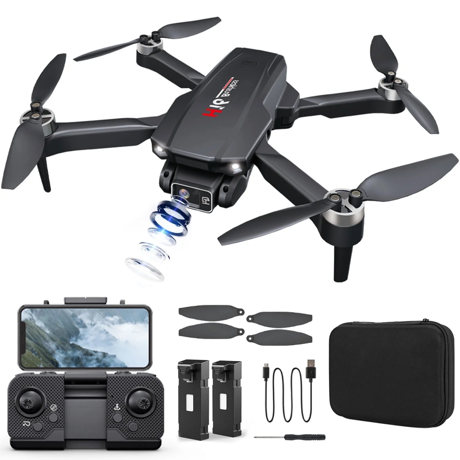 H16 4K Camera Drone for Adults, Foldable Design with Brushless Motor and Optical Flow Positioning, Includes 2 Batteries and Carrying Case