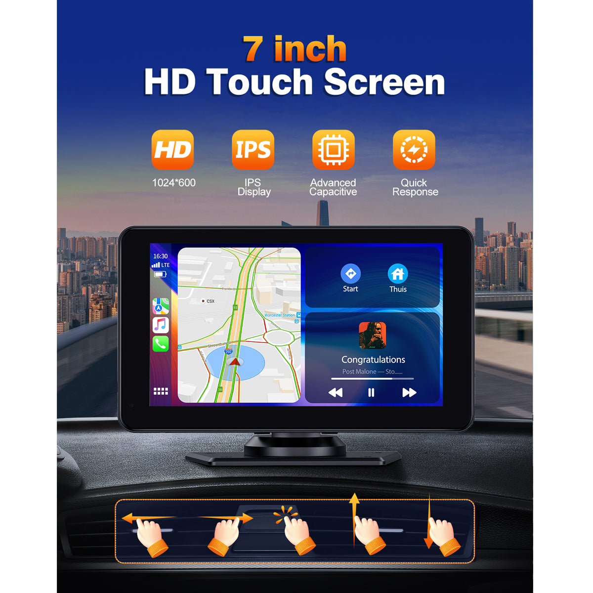 7-Inch Wireless CarPlay Screen with Android Auto, GPS Navigation, Mirror Link, Voice Control, and AUX/FM Compatibility