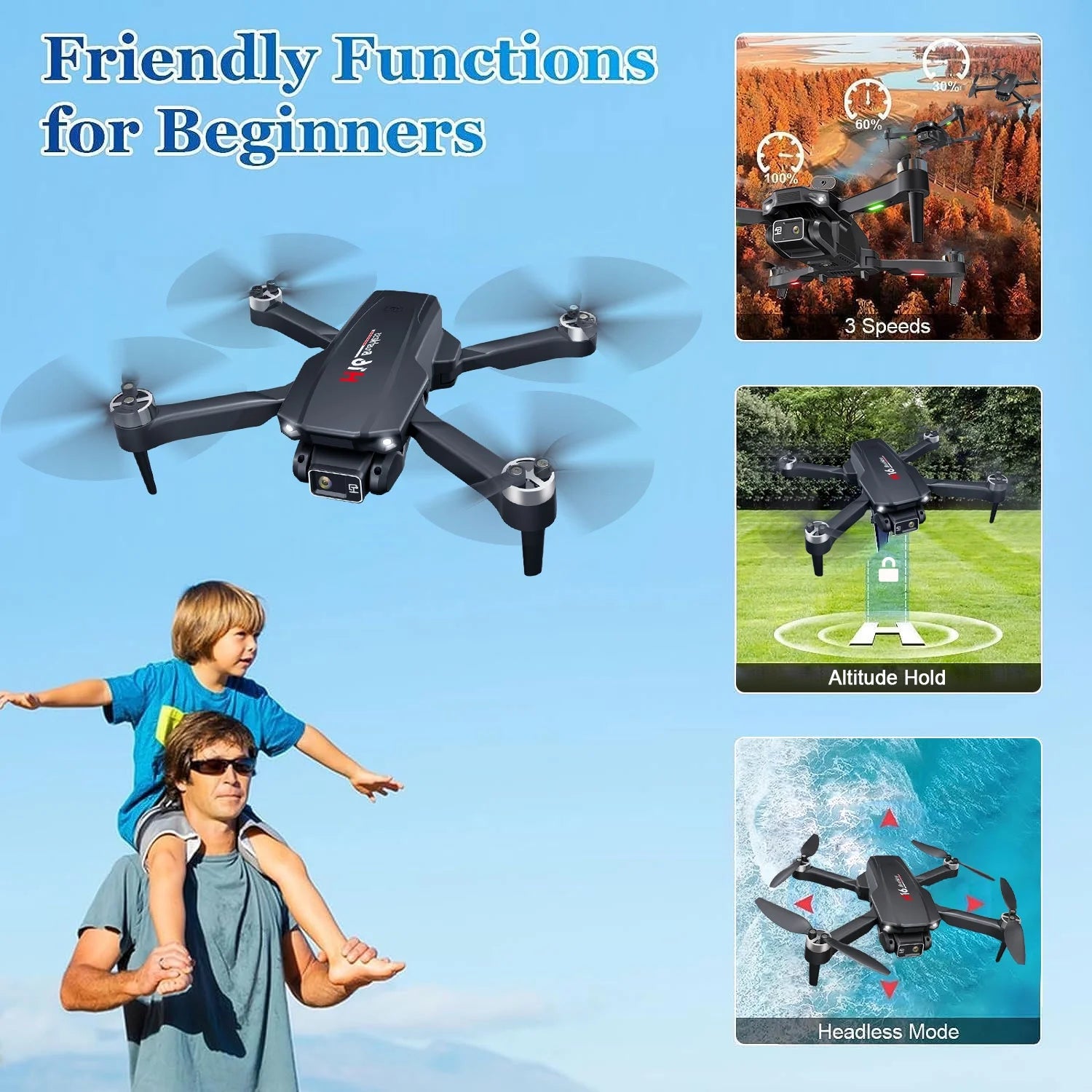 H16 4K Camera Drone for Adults, Foldable Design with Brushless Motor and Optical Flow Positioning, Includes 2 Batteries and Carrying Case