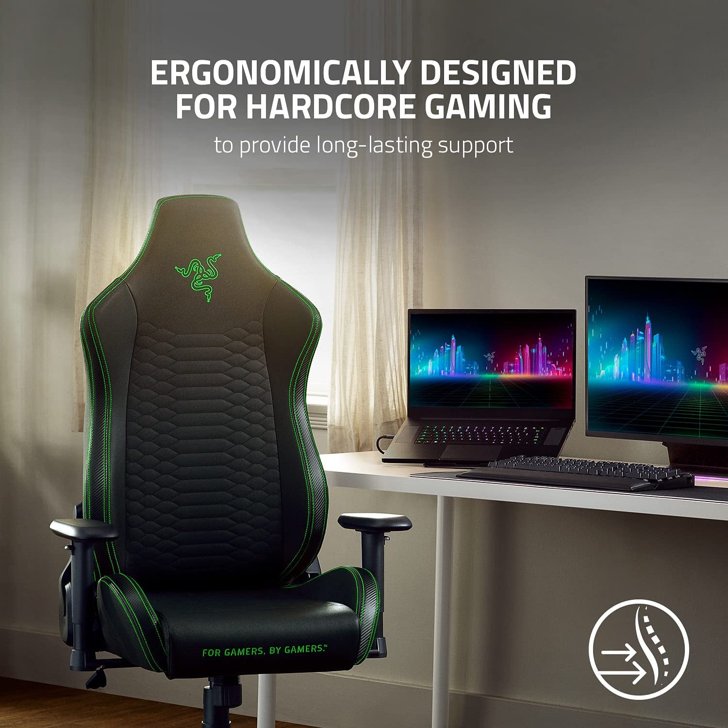 Iskur X Ergonomic Gaming Chair Black/Green - Leather Upholstered Adjustable Armrests High-Density Foam Cushions