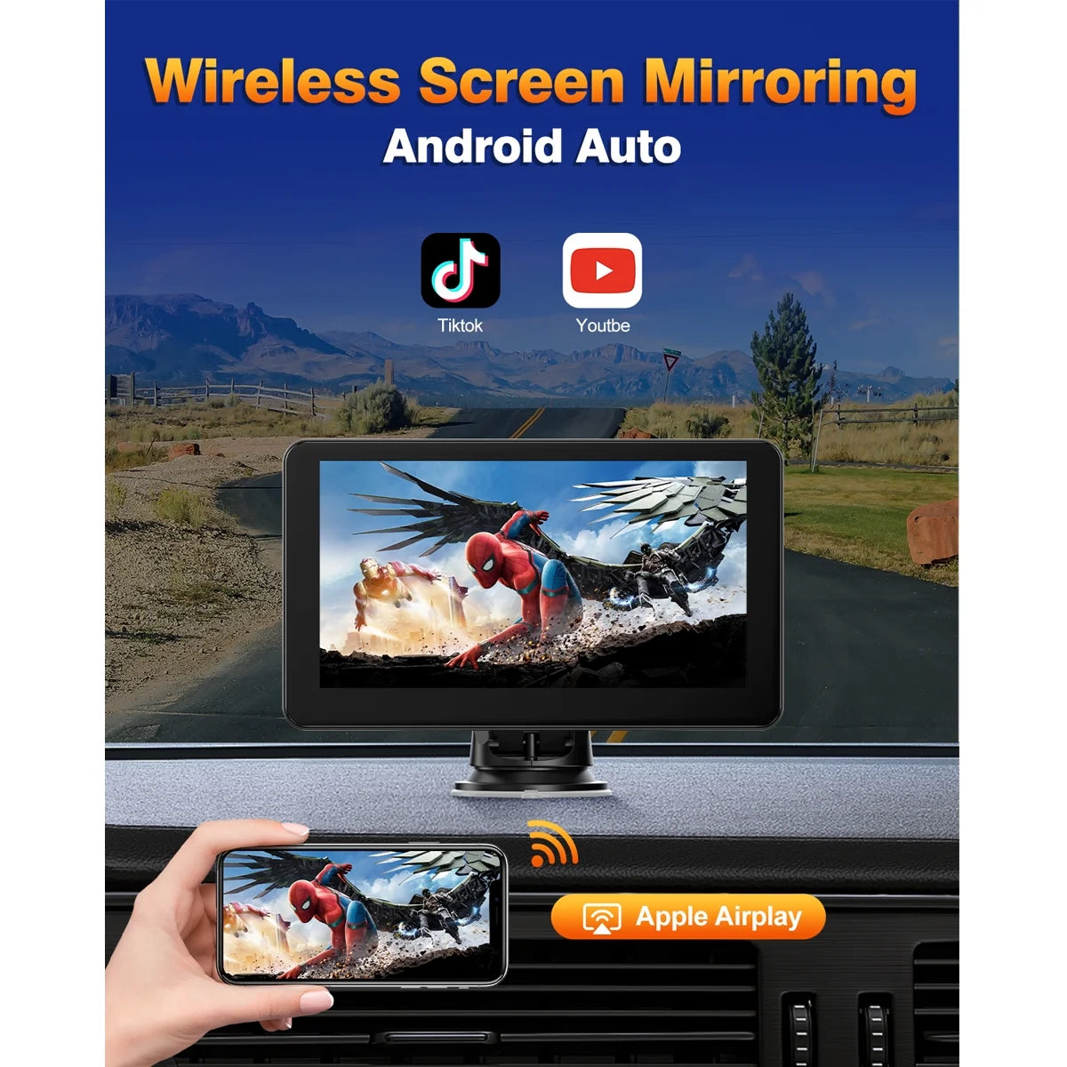 7-Inch Wireless CarPlay Screen with Android Auto, GPS Navigation, Mirror Link, Voice Control, and AUX/FM Compatibility