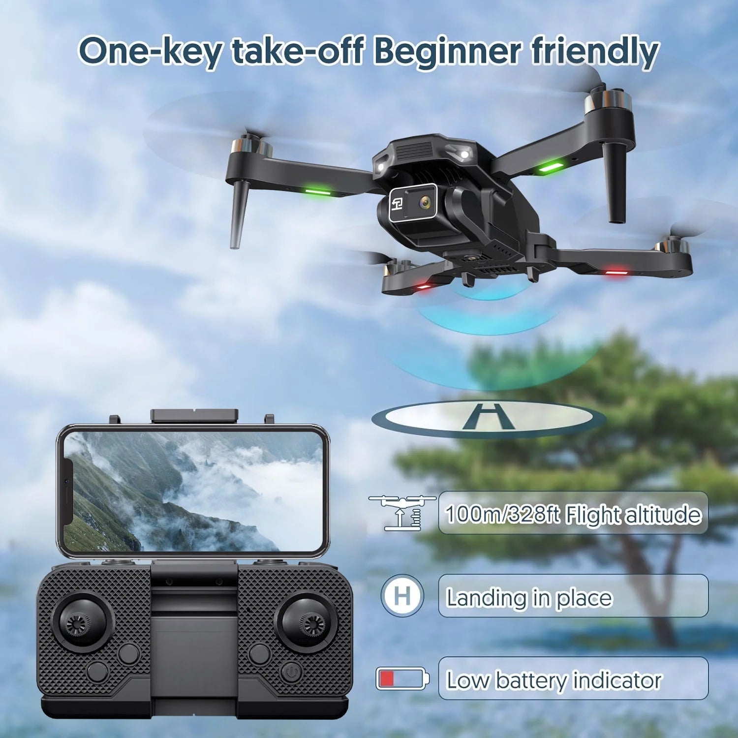 H16 4K Camera Drone for Adults, Foldable Design with Brushless Motor and Optical Flow Positioning, Includes 2 Batteries and Carrying Case