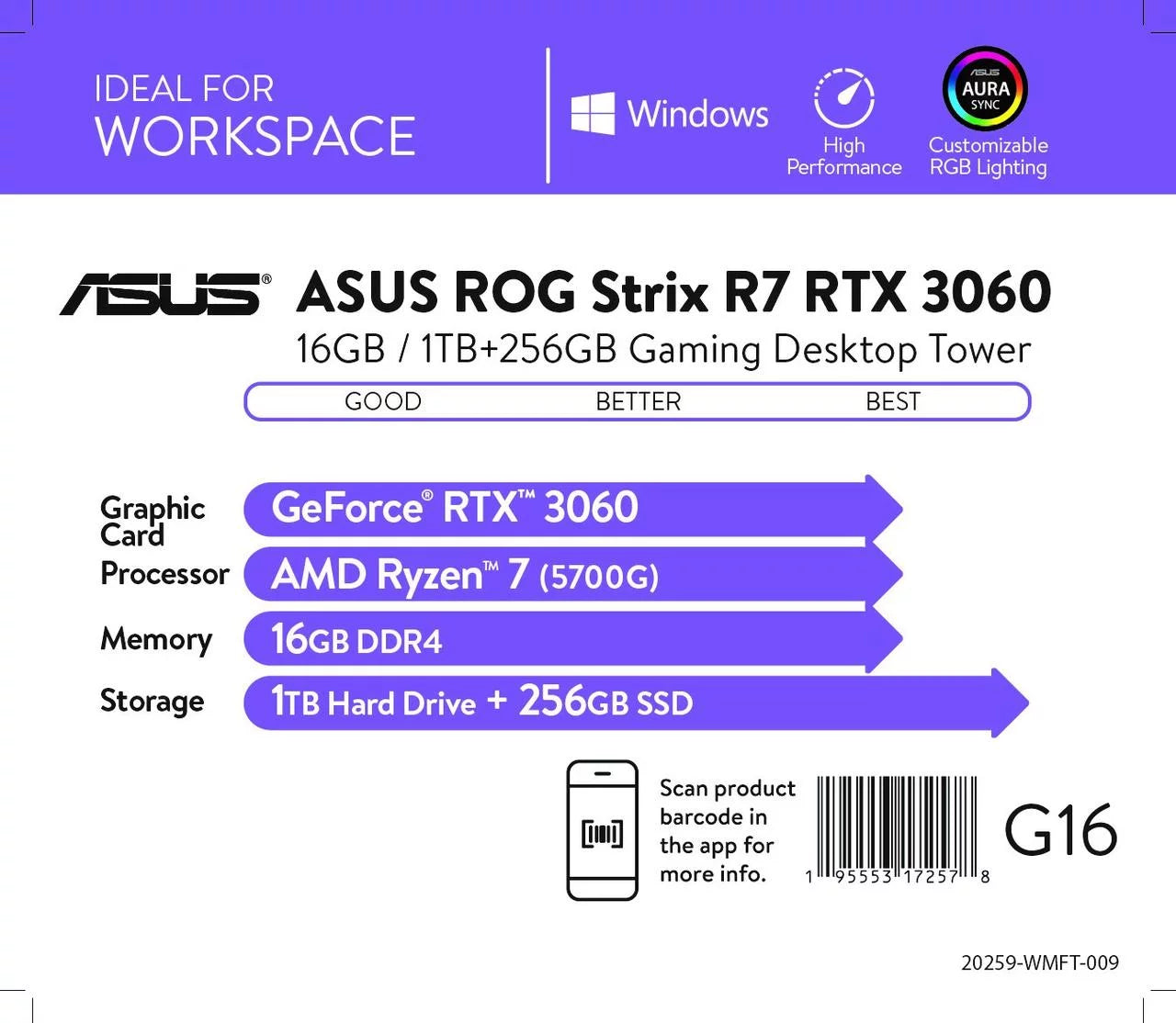 ROG Strix 游戏台式机，AMD Ryzen 7 5700G，16GB RAM，NVIDIA Geforce RTX 3060 12GB，1TB HD 和 256GB SSD，Windows 10，灰色，G10DK-WB764